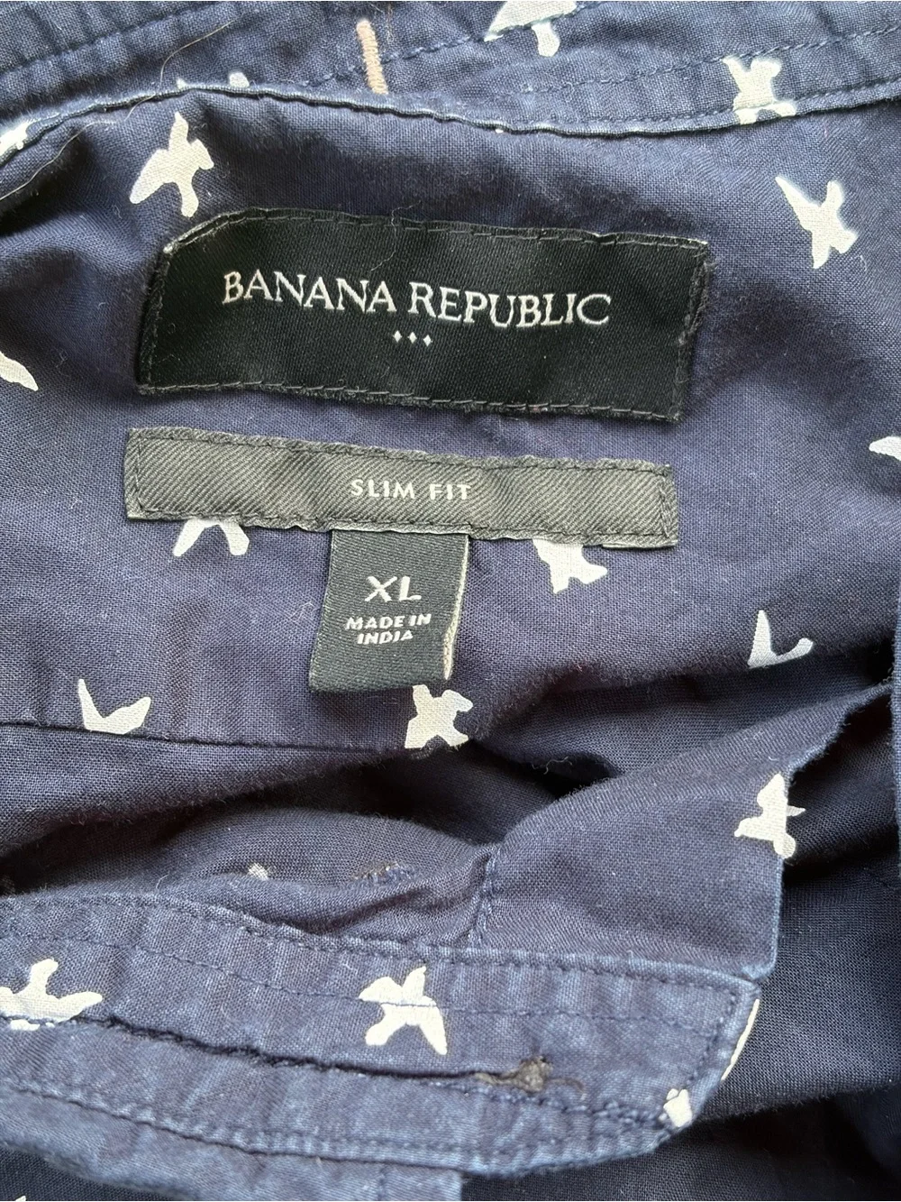 Banana Republic Navy Short-Sleeve Button-Down with White Bird Print Sz XL